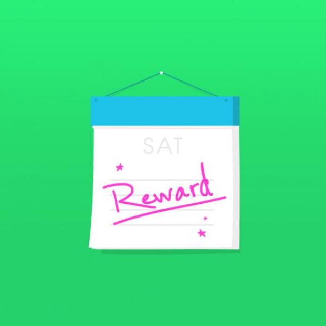 Graphic of a page-a-day calendar turned to Saturday with the word "Reward" handwritten across the day.