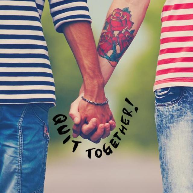 A close up image of the hands of two people wearing jeans and stripped shirts holding hands, with the words, "Quit together!" under their hands.