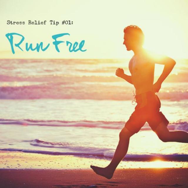 Man running with ocean and sunset behind him. Text overlay: "stress relief tip #01: Run Free"