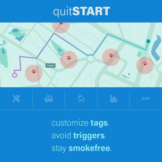An image showing a map with wide blue header and footer with pins in it labeled "triggers".  The image is titled "quitSTART" and below it says "customize tags, avoid triggers, stay smokefree"